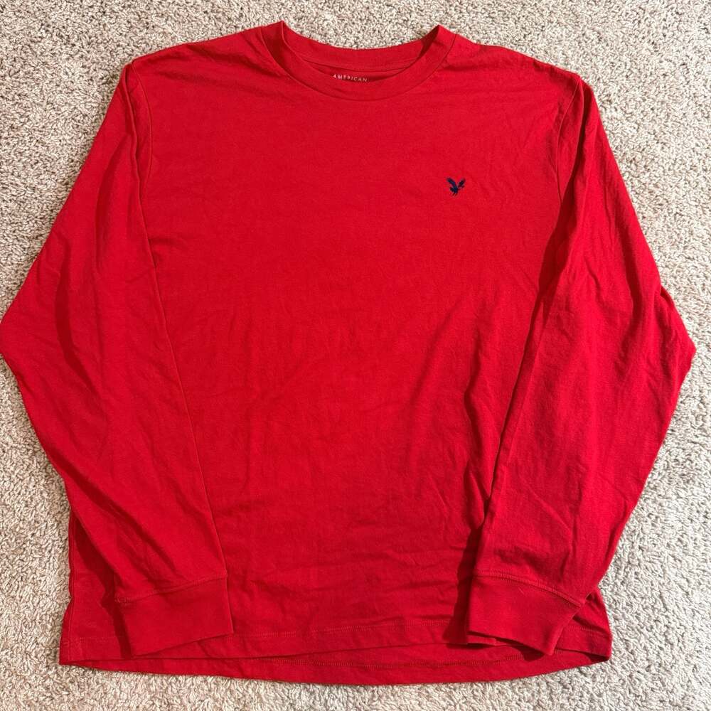 American Eagle Long Sleeve Shirt Mens Large Red Super Soft Standard Fit Logo Tee - Picture 1 of 6
